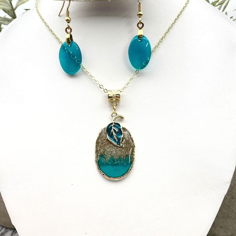 Handmade Teal Resin Pendant Necklace & Earrings Set Gold Tone Leaf Charm